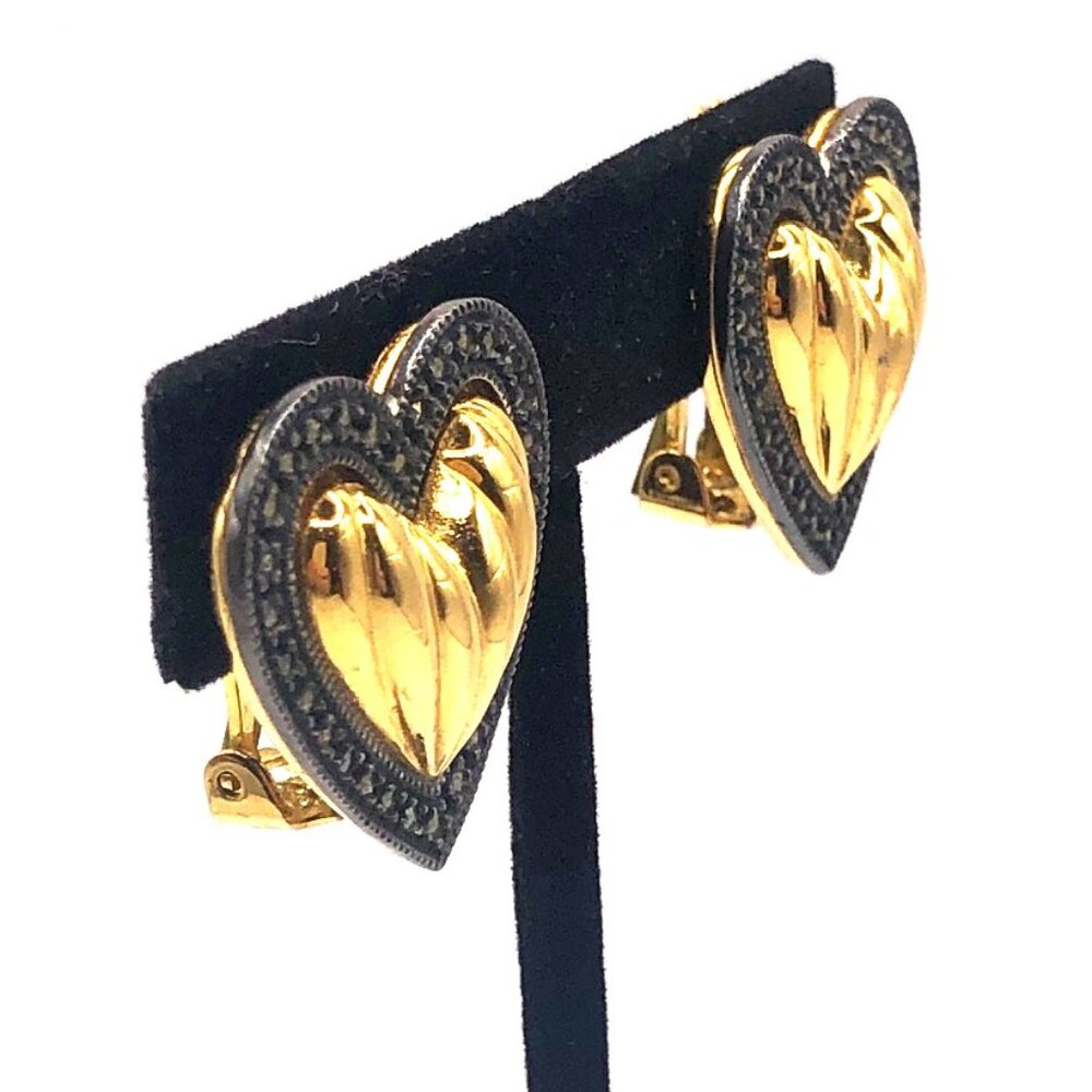 Vintage Judith Jack Gold Tone Marcasite Halo Puffy Heart Clip-On 1" Earrings - Picture 7 of 15